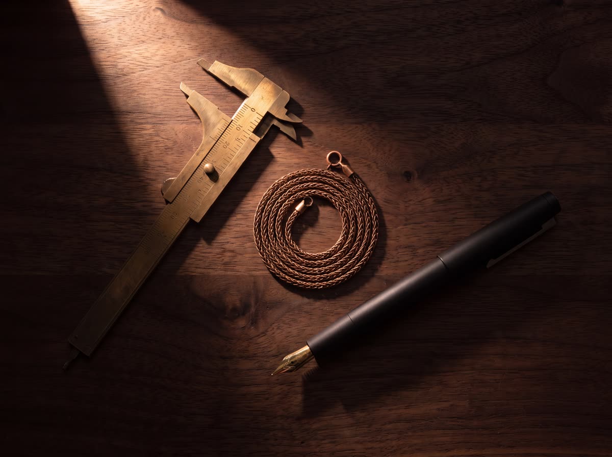 Overhead photograph of a precision workbench: brass calipers and a coiled bronze chain on dark timber
