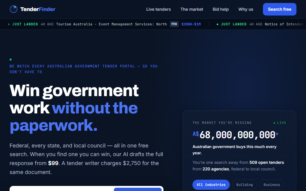 TenderFinder homepage: government tender search